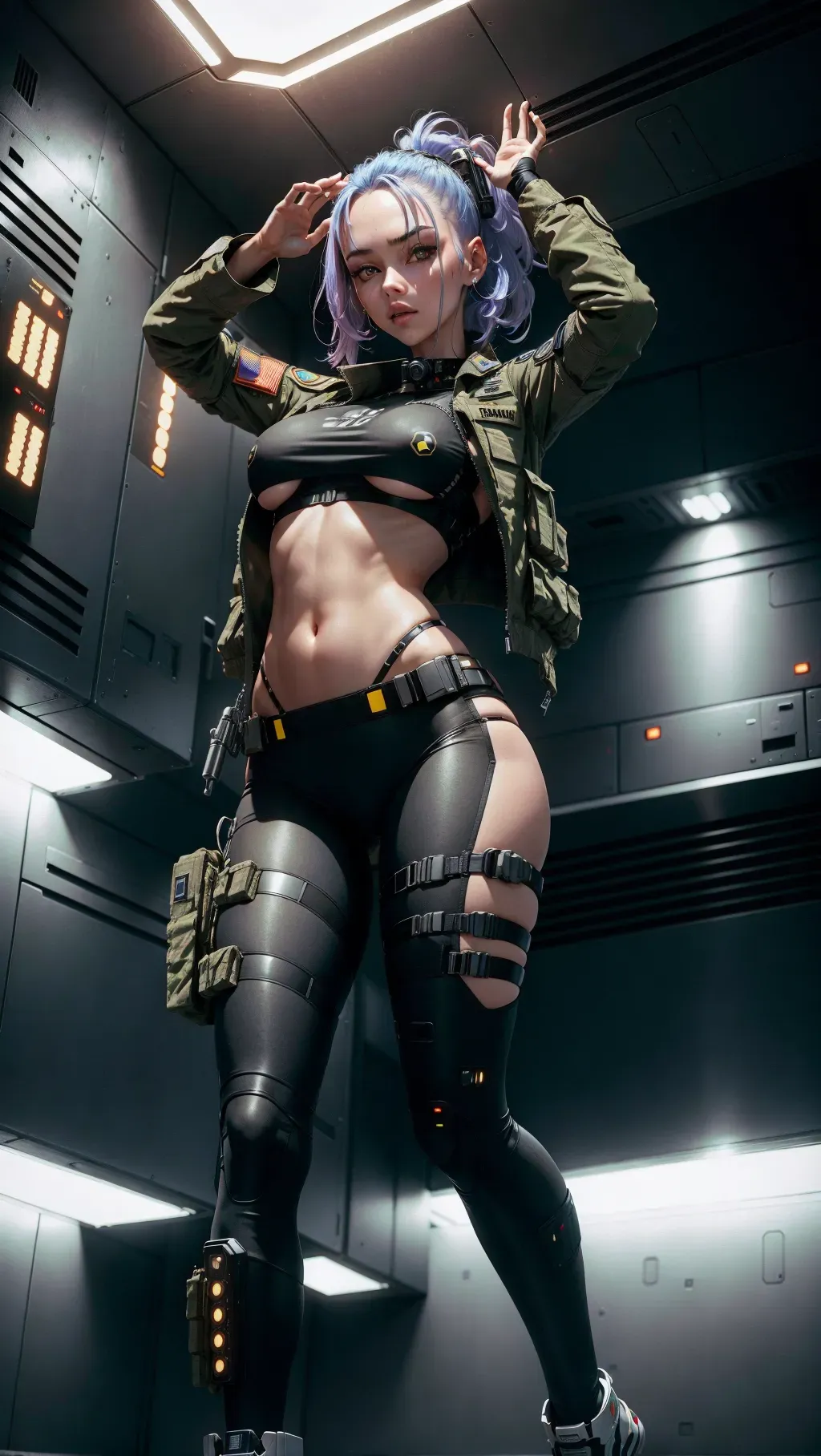 Full body, Sci-fi, cyberpunk, army fatigues, floating in zero gravity, posing, lifting shirt, underboob, stomach exposed