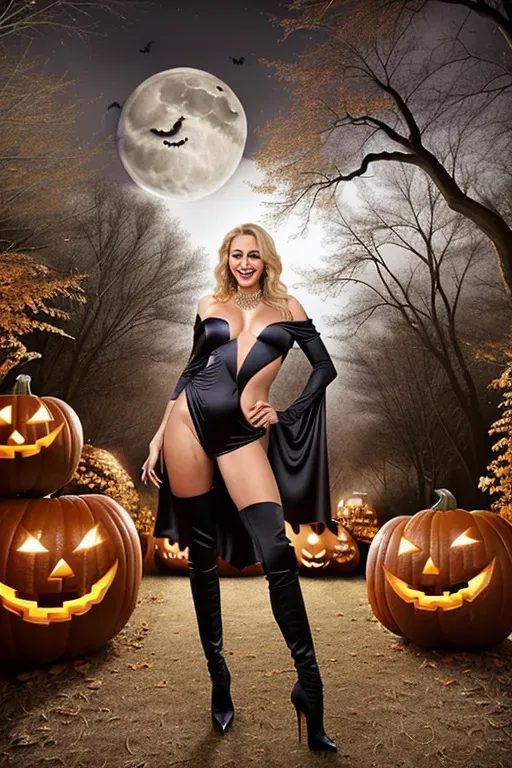 Professional photograph made with a canon dslr 32.4k resolution ultra high definition 50mm lens of a gorgeous 19 year old blonde supermodel, (smiling coyly into the camera), beautiful eyes, sensual lips, ((looking into the camera)), full makeup, opulent Halloween-themed jewelry, small natural breasts, ((wearing a sheer shoulder-less skin-tight form fitting witch Halloween costume)),(camel toe),(((showing pussy))), (((trimmed silky pubic hair))), matching mid thigh high socks, high heels, exotic outdoor party scene, nighttime, full moon, ((Halloween themed photo shoot)),