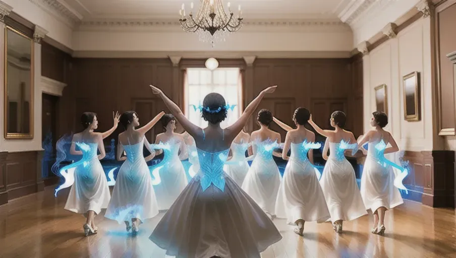 a formal ball room full of blue fire ghosts spirits floating dancing