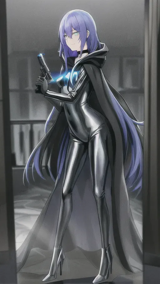 wide shot, slightly tilted camera, room with tall and thin windows, windows in background, light from windows, ((dark garage)), ((((very dark scene)))), phantom of the opera, fuzzy light, haze, light from behind, rim light, fill light, spotlight, studio lights, high saturation, a technological anime girl with bright purple hair, girl in foreground, bright blue eyes, glowing eyes, looking at camera, (((((holding a gun))))), ((((gun)))), holding a gun with both hands, (((mid length hair))), hair flows, shy, flustered, blushing, black latex bodysuit, (((cloak with the hood up))), ((hood up)), ((choker)), average breasts, average titties, perfect breasts, perky breasts, smirk, fully clothed, closed robes, high heels, nothing on head, (((high neckline))), clothes cover body, breasts are covered, no cleavage, very dim cyan glow, darth vader,