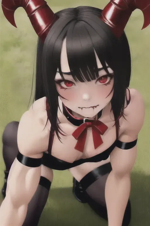 Sexy muscular demon girl. Skin is deep red. Black horns. Has on a collar. Sucking cock looking up at camera.