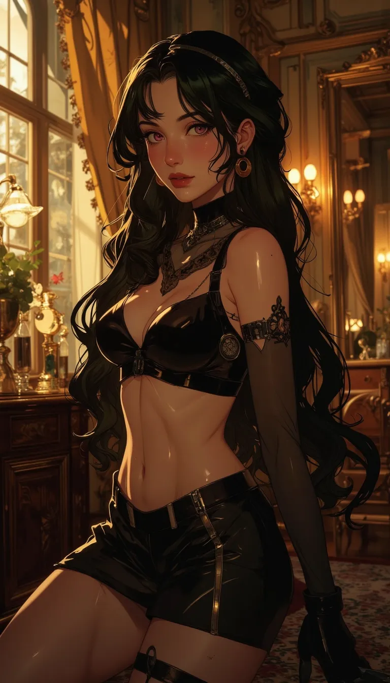 Anime style. 1boy, Serena, SerenaRH, very long straight black hair, brown eyes, gorgeous lips, dark lips, medium perky breasts, perfect body, large hips, fit body, thick thighs, 1g0r, Dutch angle, earrings, elegant, makeup, fancy party room, indoor, golden details, dramatic light, face closeup, parted lips, makeup, abs, solo, parted lips, shiny skin, sweat, brown hair, toned, brown eyes, big breasts, braid, muscular male, black hair, long hair, looking at viewer, indoors, easynegative, FMAB_Envy, 1boy, solo, long hair, black hair, purple eyes, slit pupils, headband, crop top, bare shoulders, midriff, gloves, fingerless gloves, skirt, side slit, bike shorts under skirt, bike shorts, toeless legwear, leg tattoo, 1femboy, on knees