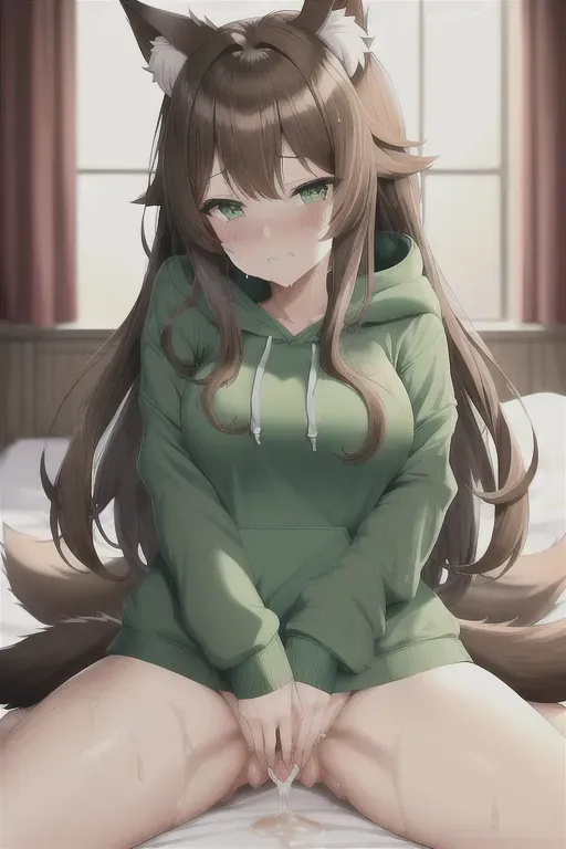 high quality, detailed, anime girl, brown hair, green eyes, wolf ears on head, fluffy ears, fluffy tail, shy, on bed, wet, turned on, exposed pussy, wants to be fucked, naked, wet pussy, lewd face, straddling, boyfriends hoodie, sweat, masturbation, concerned face