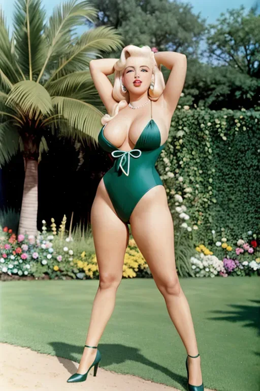 a colour painting of, a ((full length)) young Diana Dors,((show full body and legs)), head thrown back, wearing sexy swimsuit, in a garden, wearing necklace, large breasts,five slender fingers, ,gorgeous face,beautiful lips, long sexy legs, detailed large eyes,curved eyebrows,pale skin,cosy.