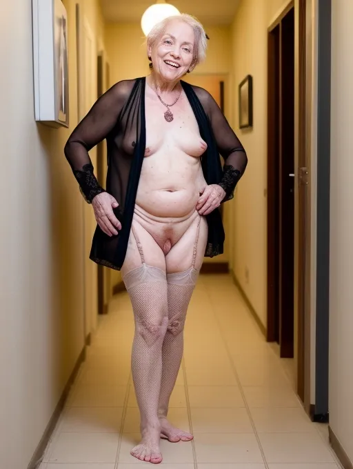 A naked elderly woman, saggy and hanging natural shaped breasts, middle aged female body shape, gets herself sexually excited in the hallway of our apartment building, by wearing only a tiny outfit and playing with her exposed vagina so that everyone can watch her. I am such a dirty old lady can you see my nasty pussy.