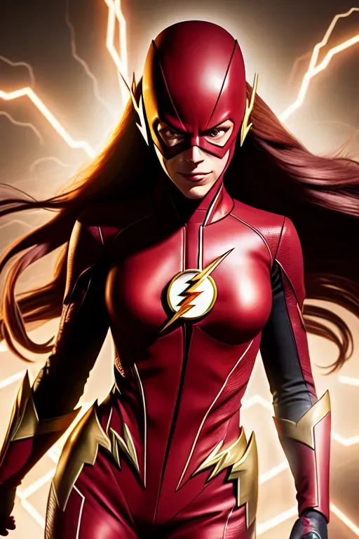 Female flash, mask on, long hair, detailed, female, realistic, 8k wallpaper, best quality, ultra hd, global lighting, hi-resolution, high quality