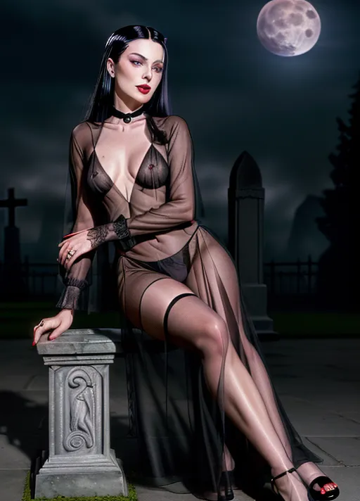 A (full-body shot:1.3) (wide-angle shot) of, (1girl 1boy), 1girl is (Anjelica Huston circa 1990) as Morticia Addams, goth look, (wearing a sheer black (see-through:1.3) floor-length pencil-dress neglige), (visible nipples and pubic hair:1.3), wearing sheer black panties, wearing black strapped stiletto heels, pale skin, blood red lipstick, (black nail polish), black eye shadow, raven-black hair, a single red rose between her teeth, (in a misty cemetary at night), with light from a (large full moon:1.3), (sitting on a marble bench with, (((1boy is Raul Julia circa 1990 as Gomez Addams))), sitting, wearing striped charcoal suit, (kissing Morticia hand:1.3), 1girl 1boy looking into each others eyes, neo-noir style, cgstation,
(<lora:dpmg_add_detail:0.95>), (four anatomically-correct pretty fingers and one proportional opposable thumb per visible hand:1.3), (beautiful symmetric detailed glossy eyes:1.3), beautiful lips, curved eyebrows, detailed face, detailed textured skin, realistic detailed hair, pretty teeth, skin pores, pretty realistic feet, (pretty symmetric realistic eyes), realistic teeth, realistic mouth, bushy pubic hair, realistic skin color, realistic skin tone,realistic hair color, realistic hair tone, five pretty realistic toes,
(8k RAW photo), (best quality), (masterpiece:1.3), (photorealistic), studio lighting, rim lighting, hair highlighted, UHD, Nikon Z5, (35-80mm zoom lens), (zoom out), f2.8, sharp focus, tack sharp, dof, film grain, Fujifilm XT3, (bokeh), dramatic lighting, rim lighting, subsurface scattering, volumetric lighting, focused, intricate detailed background, dramatic pose, dramatic pov, dramatic angle, dramatic lighting, cinematic composition, (cinematic lighting), HDR, (highest quality:1.8), highest resolution, (photo-realistic:1.72),
--s 250, --v 5.2, --A k_dpm_2,
