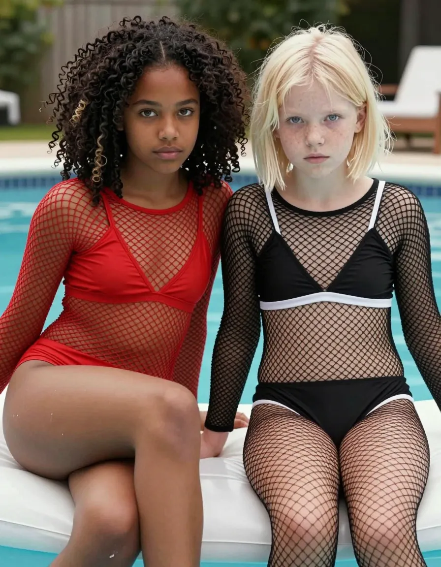 "Alright, listen up. I need two young girls, both 13 years old with early signs of puberty. One should have dark skin, curly black hair down to her waist, and almond-shaped hazel eyes. The other should be pale, with short platinum blonde hair and freckles all over her nose and cheeks. Their eyes should be big and curious, with a hint of innocence. They're wearing full body fishnet suits – the dark-skinned girl's is bright red, while the blonde has a black suit with white trim. The fishnet should be tight, showing off their young, developing bodies. For pose, I want them sitting on a pool float in a natural, slightly uncomfortable stance, one dominant leg crossed over the other. Camera angle should be low, looking up at them, capturing their full bodies. Style is candid, found on some perverted uncle's camera roll."