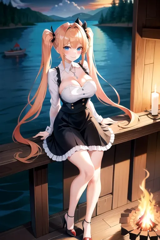 full body, strawberry blonde hair, blue eyes, short girl, black high heels, looking at viewer, long hair, pale skin, silver necklace, 24 years old, giant breasts, cute face, pov, wavy hair, wide eyes, erotic, skirt tug, nighttime, slim body, sitting by lake, smiling, cleavage, 44F breasts, standing by campfire, maid uniform, serving drinks, twin tails