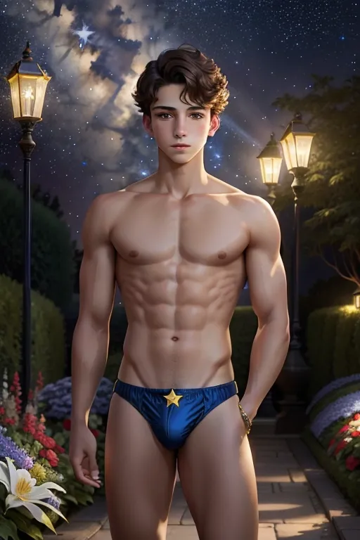 Colour picture of a beautiful teenage boy, young Prince Louis, accurate face, in a flower garden at night, starry sky, lit by lanterns, elaborate blue and gold patterned (((speedos))), ass pose, beautiful face, standing, fit, highly detailed, correct human anatomy, looking at viewer, front, closeup,