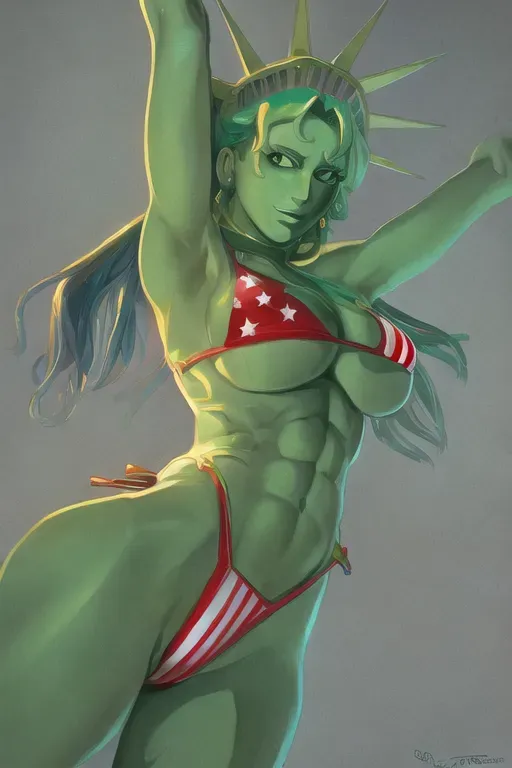 Lady Liberty, American flag bikini, One Piece art style, green skin,
(((five fingers per hand))),two arms, two legs,erotic,(pixiv),best quality,masterpiece,(professional lighting),realistic abs
