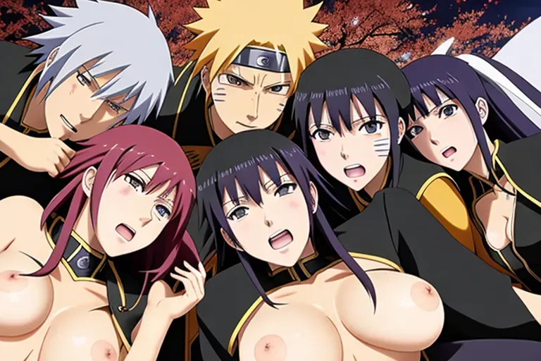 Kushina, Mikoto and Hinata from the Naruto series being fucked by the Raikage and his men. The Raikage has a huge cock with which he wants to conquer these wives and make them his own.