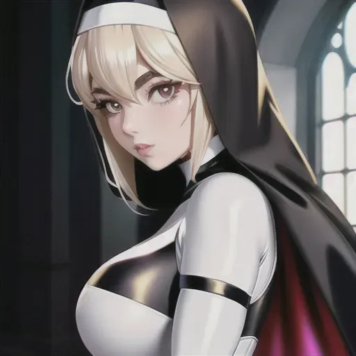photo, spider-gwen gwen stacy, nun,laying , gold cross,showung breasts, hair,charming face,beautiful lips,brown eyes,curved eyebrows,cosy,8k,arched back, full body, symmetrical eyes,