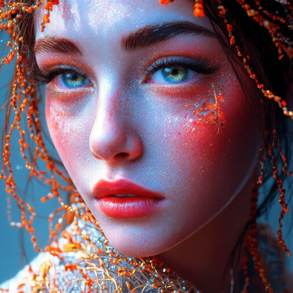 A hyper-realistic portrait of a stunning supermodel, featuring a beautifully detailed face with intricate. The image blends futuristic and traditional elements with a neo mode, avant-garde style, characterized by delicate and sleek lines, vibrant colors, and exquisite details. The modelâs eyes captivate with complex colored irises, while her unique, crazy hairstyle adds to the surreal and mysterious charm. The overall composition is symmetrical and fluid, with an ethereal and timeless aura. The interplay of light and shadow enhances the high-fashion aesthetic, capturing the essence of cyberpunk and folklore in a visually striking and artistic statement, Midjourney_Whisper
