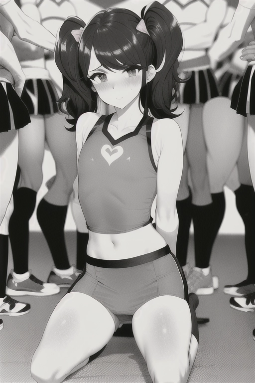 Humiliated sissy boy with a flat chest wearing a pink cheerleader costume in a crowded gymnasium of boys
