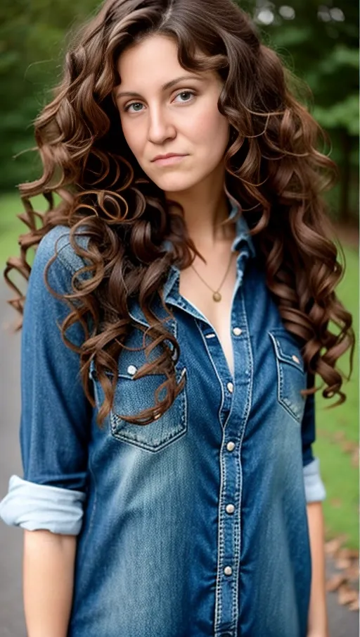 a woman with curly hair, a picture inspired by Dirk Crabeth, tumblr contest winner, american barbizon school, with dark brown hair, a brunette young woman, author zima blue, long brown or black hair, gina heyer, erin hunter, brown haired young woman, with curly brown hair, with long wavy brown hair, lisa parker
