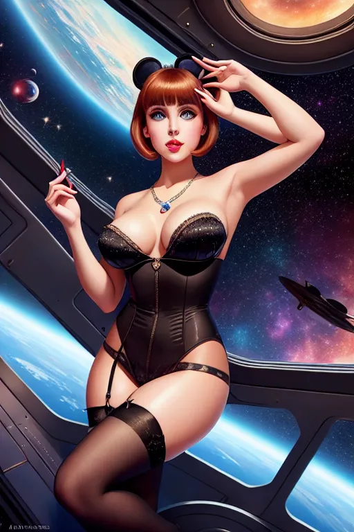 a oil painting of,a disney princess,wearing stockings,doing sexy pose,in the space station,big breasts,five fingers per hand,bangs hairstyle,beautiful face,beautiful lips,detailed large eyes,curved eyebrows,textured skin,joyful,wearing necklace,bokeh,highly detailed,professional,surreal,ultra realistic