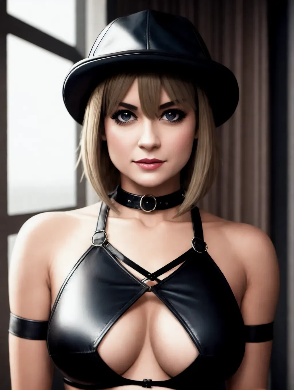 Dopamine Girl - realistic HD photograph ((wide shot)), (((youthful Barbara  Crampton)))((((accurate face)))),(((as a femdom dominatrix  prostitute)))(((standing in a penthouse apartment overlooking a city late  at night)))(((looking down at POV ...