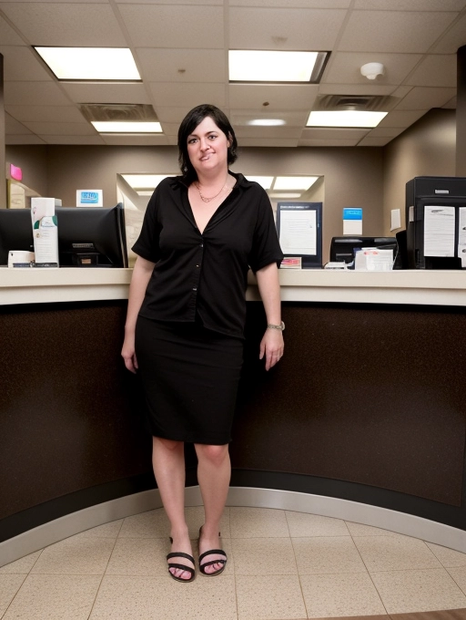 full body view, a dark haired, naked, middle aged lady, detailed face, open and moist vagina, wears only shoes, and is a naked manager working in the lobby of a busy downtown bank with customers and employees in the background