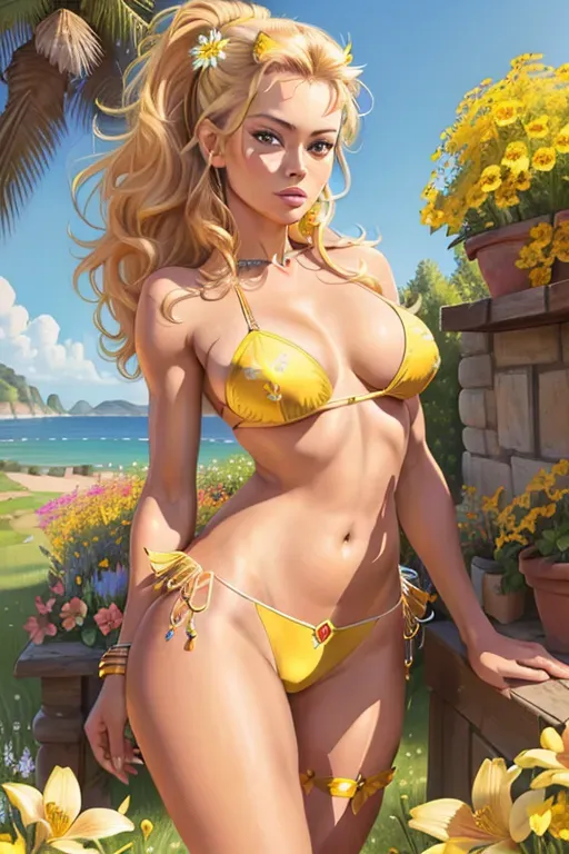 Colour painting of Brigitte Bardot ((accurate face)), very detailed and jewelled yellow bikini,((bare thighs)), smooth skin, sexy butt, fine beautiful body,((spring landscape with flowers and meadows)),(detailed skin features),(detailed face features), beautiful face, (detailed body features), beautiful eyes,