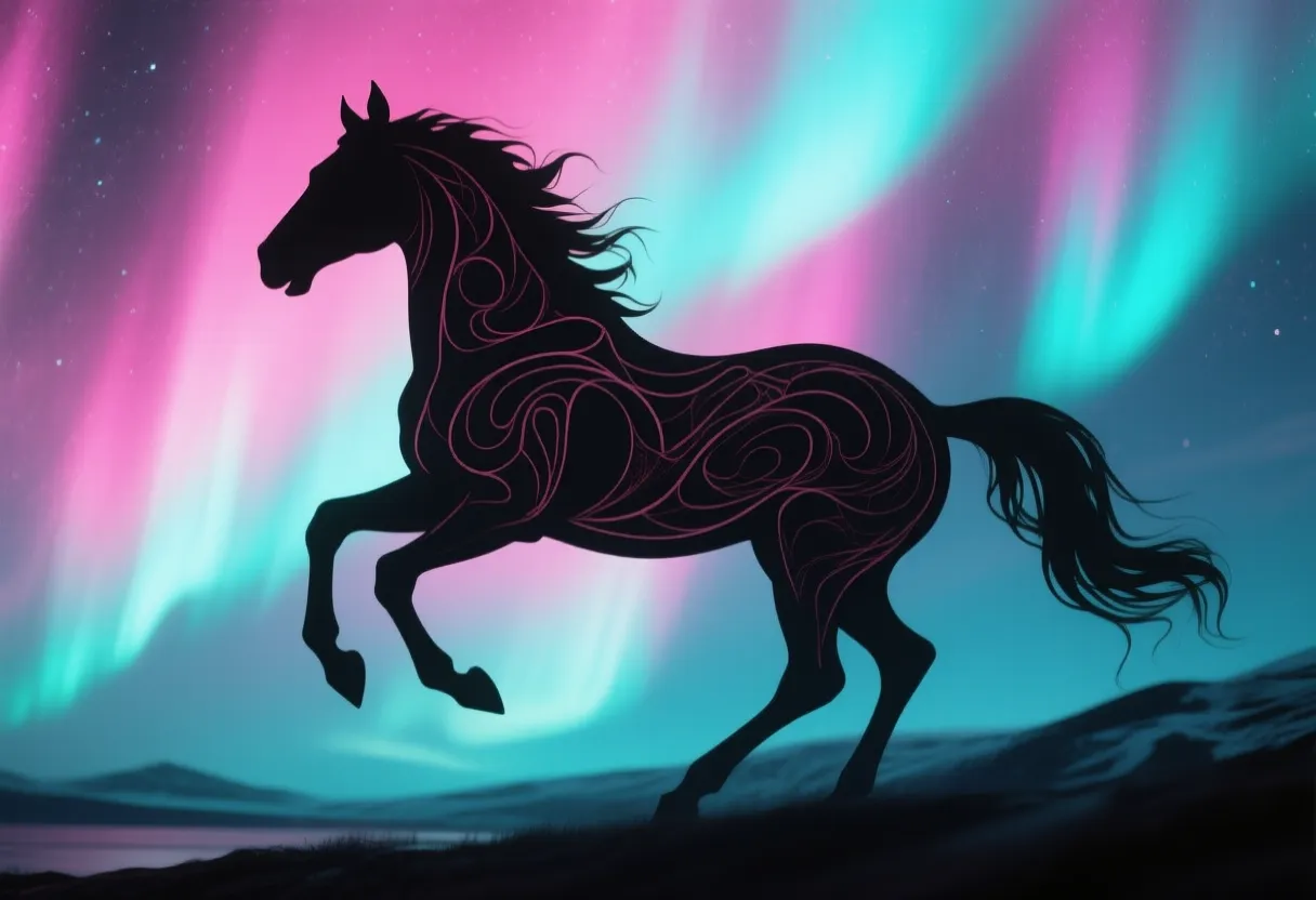A Mystical Aurora Silhouette of a galloping horse, with dark, intricate outlines against a backdrop of vibrant aurora lights. Use a color palette of rose pink and aquamarine to create a mesmerizing and ethereal atmosphere