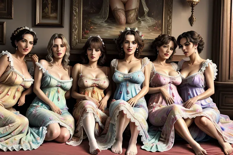RAW photo:1.2), (photorealistic:1.4),(masterpiece:1.4), (best quality:1.4),ultra high res,((detailed facial features)),HDR,8k resolution 8k high resolution full length photo of a group of (((gorgeous slutty, dirty, highly pornographic, Victorian mature 60 year old lesbian ladies in (((beautiful decorative gowns))), sitting, (((fingering visible pussies))), beautiful legs up and open wide apart, showing naked wet gaping hairy pussies)))
