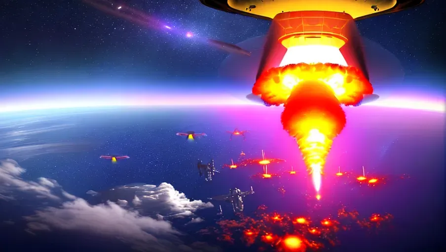 Masterpiece digital painting, sci-fi Top view of (ufo crash landing) explosion into the sea, ufo crash in far distance away, ufo as viewed from above