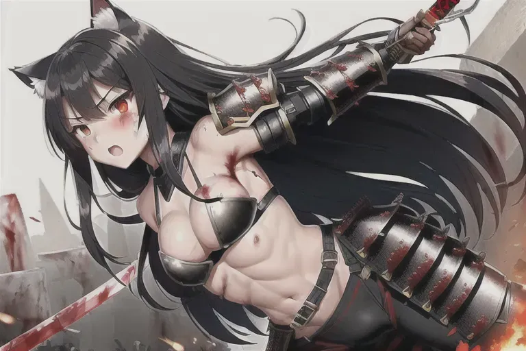 best quality, high details, flat chest, toned body, sixpack, black hair, long hair, red eyes, neko, cat ears, angry, wide shot, full body visible, warrior, armor, heavy armor, fight, battle, sword, cuts, bruises, (((bloody))), (((heavily wounded))), heavy breathing, blodd running over face, blood on legs, blood on body, battlefield, war, detailed background, (((1girl))), (((1boy))), (((big armored warrior))), fierce battle, (((clashing swords)))