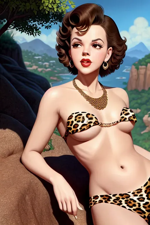 a digital painting of,Judy Garland, wearing a leopard skin Loincloth, laying on a cliffside in the garden,small breasts,skinny body,ass in view,five slender fingers,long longer hair,charming face, surprised,beautiful lips,curved eyebrows,smooth skin,peaceful,wearing necklace,highly detailed,brown eyes,cgsociety,evening,editorial,sharp focus,pixiv, long eye lashes, small ass