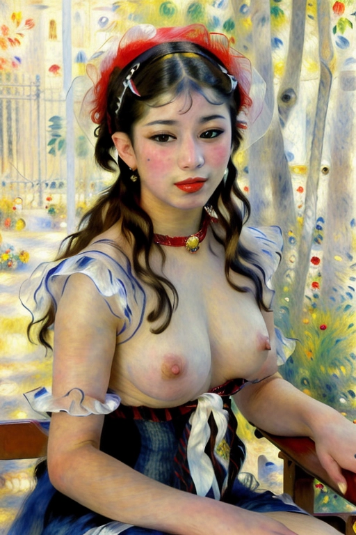 1890s to 1920s period French impressionist Abstract painting of gorgeous thin 18 year old skinny girl, ((((Abstract art by Renoir )))), nude, completely naked, beautiful face, sensual lips, alluring eyes, (((blue irises))), eyeliner, (red lipstick) , (red painted fingernails), ((black hair)), (((looking into camera lens))), ((looking into my eyes)), fuck me face, (fuck me expression),(((flirting with me))),((((sexually provocative smile)))), ((expression of intense sexual desire)), sexually aggressive poses, ((showing pubic hair)), two arms, two hands, four fingers per hand , sitting on a wrought iron bench in a rose garden, French maids costume , (((leaning towards the camera))),((leaning forward)),(leaning towards me)