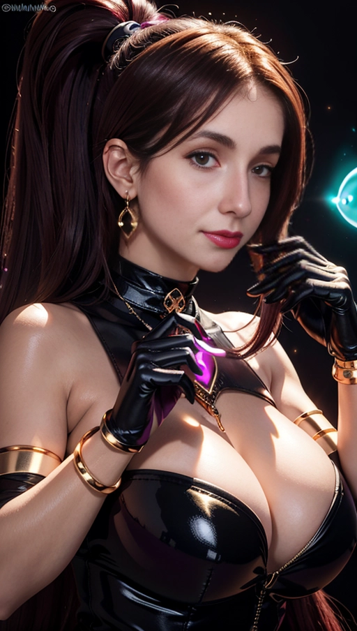 best quality, (((ultra high res))), (((detailed face and eyes))), (perfect face), big shining heart choker, earrings, jewelry, (((big glowing succubus mark))), ((((big glowing succubus bodymark)))), (((conjuring))), (witch), ((long voluminous hair)), (((black gloves))), ((brown hair)), straight hair, (((golden bracelet))), ((single ponytail)), (((huge hair cuff))), chains, ((skintight dress)), ((face closeup)), purple, (burgundy red lipstick), (((neckholder)))