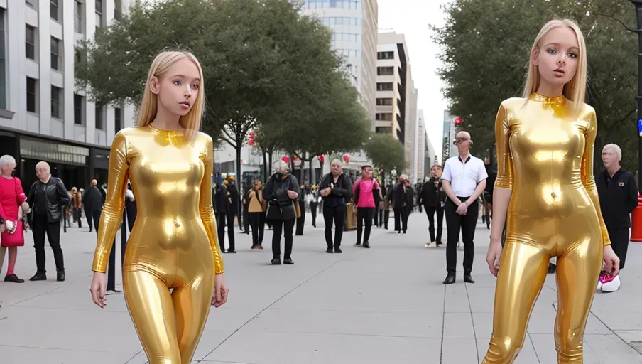 single young beautiful petite blond women in a golden latex bodysuit showing her ass in front public space full of old mens