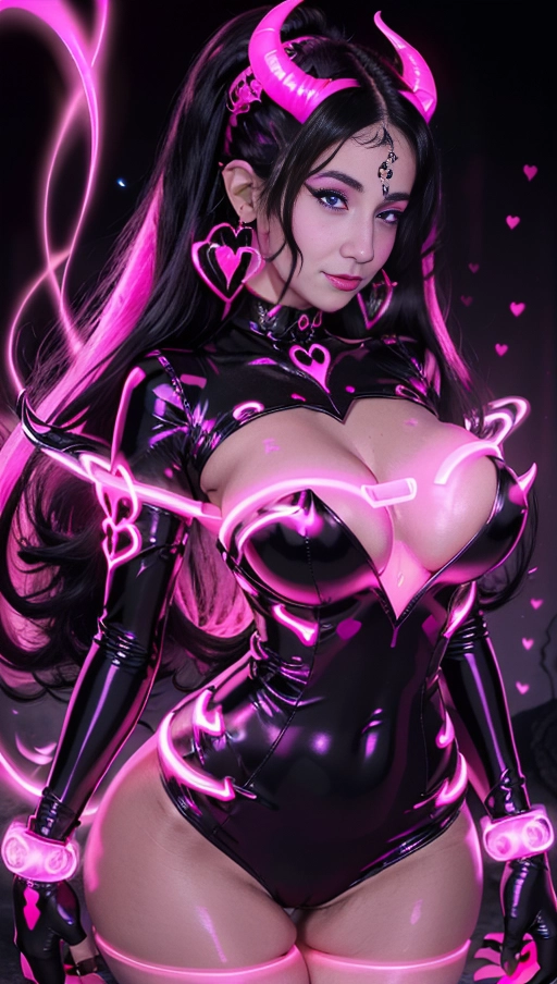 best quality, (((ultra high res))), (((detailed face and eyes))), (perfect face), (big shining heart choker), earrings, jewelry, (((big glowing succubus mark))), ((((big glowing succubus bodymark)))), (((conjuring))), (witch), ((long voluminous hair)), (((gloves))), ((black hair)), (((golden bracelet))), (((huge hair cuff))), (((pink skintight neckholder dress))), (((pink glowing dress))), ((face closeup)), (lipstick), (((neckholder))), ((((demon tail)))), ((black long sleeves)), ((purple glowing heart)), (((big cameltoe))), (((demon mark))), heart on womb, (((((bright pink luminescent skin tone))))), (((straight black hair))), ((pink glowing clothes)), ((((luminescent skin))))