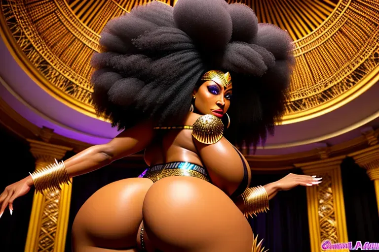 evil black goddess, enormous afro, huge breasts, gigantic ass, exotic tribal outfit, twerking,