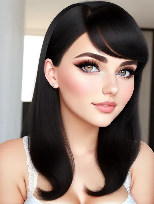 Gorgeous young European woman, photo cute attractive young face, large wide doe eyes, light colored eyes, big bimbo lips, black hair, raven-haired beauty, busty, photorealistic, best quality, ultra high resolution