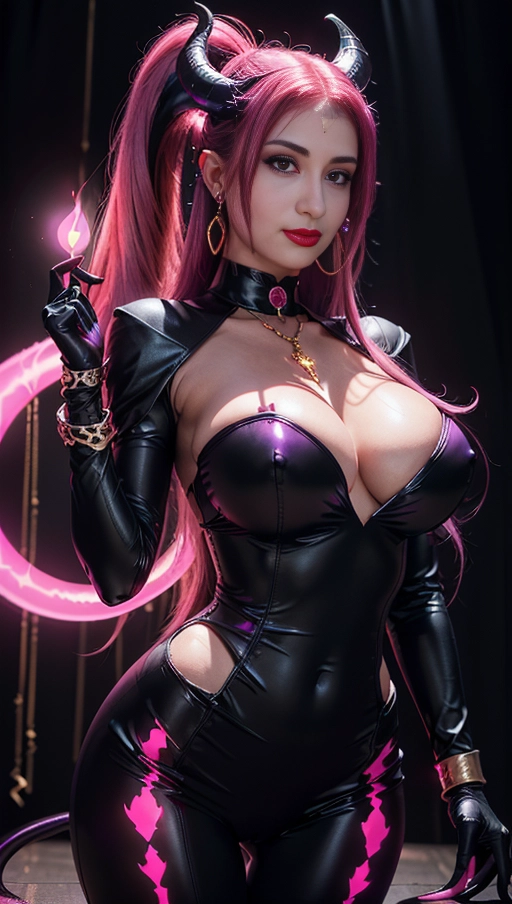 best quality, (((ultra high res))), (((detailed face and eyes))), (perfect face), big shining heart choker, earrings, jewelry, (((big glowing succubus mark))), ((((big glowing succubus bodymark)))), (((conjuring))), (witch), ((long voluminous hair)), (((black gloves))), ((pink hair)), straight hair, (((golden bracelet))), ((single ponytail)), (((huge hair cuff))), ((skintight neckholder dress with low neckline)), ((face closeup)), purple, (burgundy red lipstick), (((neckholder top with low neckline))), ((((demon tail)))), ((long sleeves)), ((purple glowing heart)), (((cameltoe)))