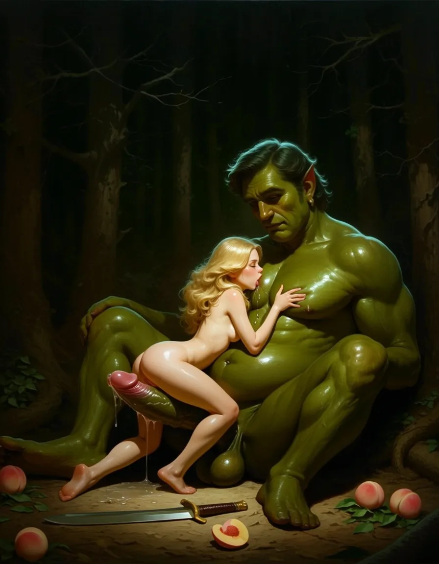 oil painting, 1970s fantasy art,
Background is dark evil forest, a giant fantasy beast of a man looms in the darkness, he is muscular and green coloured, he has a calm face, the monster is barely visible sitting on the forest floor, it has a giant erect human looking cock and balls, ((giant penis)), the cock oozes pre-cum,
In the foreground is an 18 year old blonde girl, dwarfed by the size of the monster, she is naked and sits on the monster’s lap as he sucks on her breasts, there is one small crushed peach oozing juice, a small sword lays on the ground,
Dynamic composition, masterpiece, best quality ,