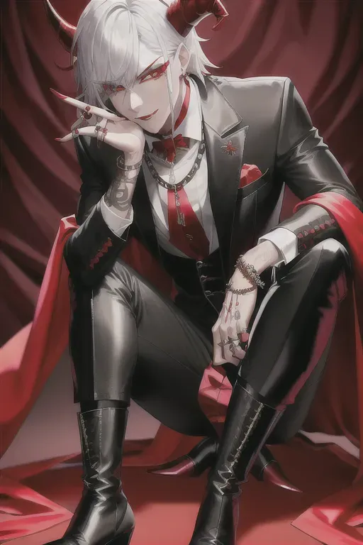 bourbon_sclera lean_build red_skin vibrant_colors, white_button_up, tailored_ waistcoat, black_suit_pants, knee-high_leather_boots, cascading_silver_chain, Scarves and silk ribbons, incubi, devil_horns red_pointed_tail intricate_rings headshot close_up