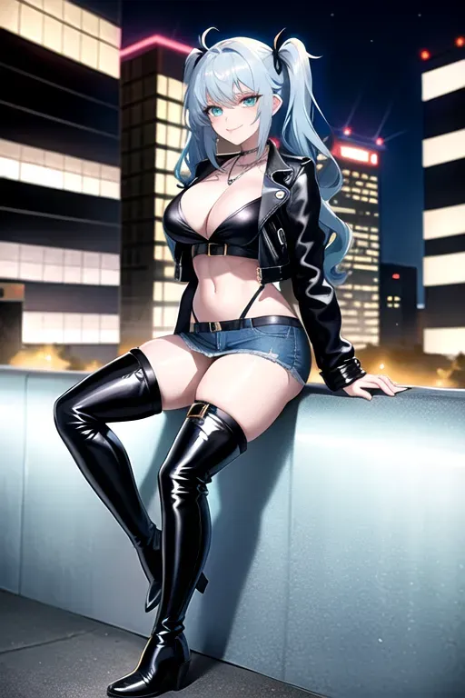 full body, blue hair, green eyes, short girl, denim miniskirt, black high heeled boots, looking at viewer, long hair, pale skin, silver necklace, black crop top, 24 years old, giant breasts, cute face, pov, wavy hair, city environment, Oklahoma City, wide eyes, erotic, skirt tug, leather jacket, nighttime, black backpack, slim body, low pigtails, sitting on wall, smiling, thigh high boots, cleavage