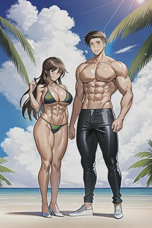 Brother and sister, man and woman, six-pack abs, big biceps, hourglass figure, big breasts, bikini, naked man,