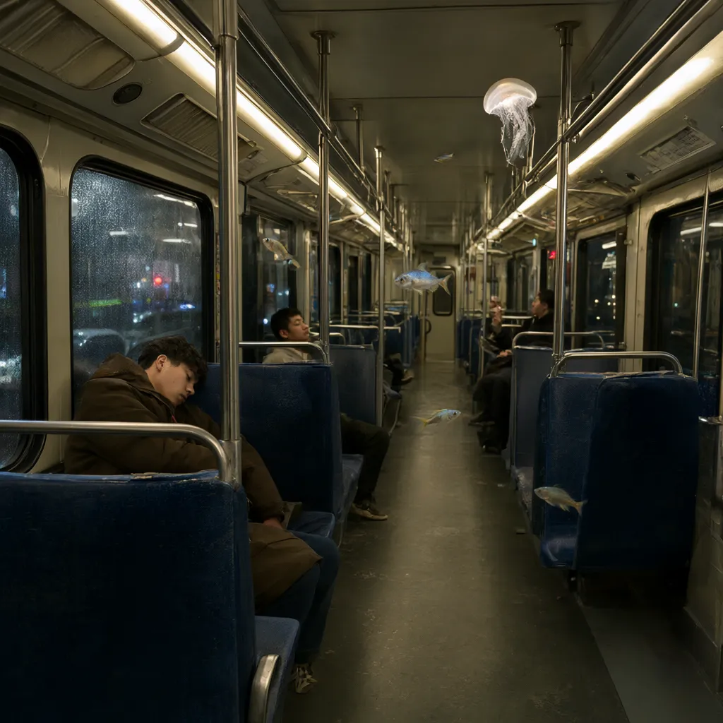 An almost empty suburban train carriage at night, photographed down the aisle at seated eye level. Several small realistic tropical fish swim slowly through the air between the seats, and one large translucent moon jellyfish floats near the overhead handrails. The air remains clear and dry, there is no water filling the carriage. A young adult passenger in a brown coat naps beside a fogged window, another passenger quietly watches a tiny fish hovering above an open hand. Worn blue fabric seats, steel grab poles, scuffed floor, warm overhead lamps and rainy city lights outside. The animals are illuminated by the actual train lights with subtle natural translucency, not neon glow. Intimate cinematic photography, shallow but legible depth of field, quiet late-night mood. Photorealistic, carefully composed, realistic optical depth and coherent perspective.