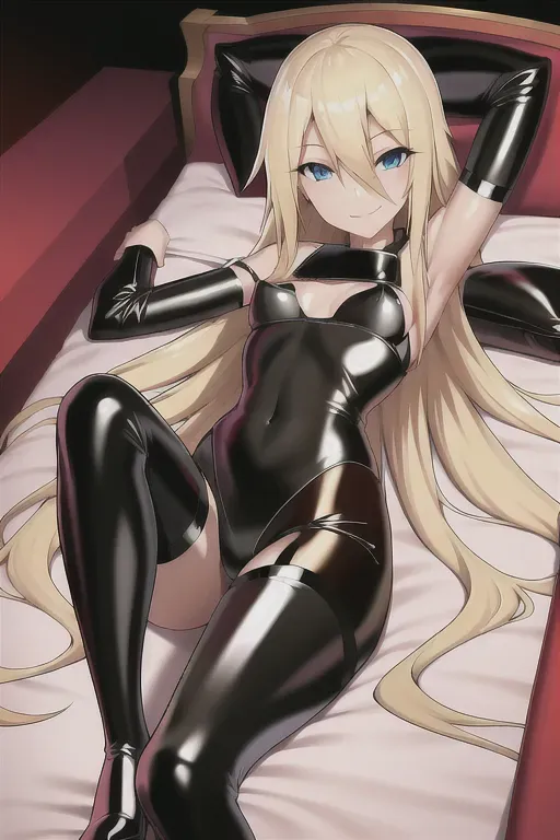 young skinny girl, small breasts, long blonde hair, smile, lying in bed, black latex lingerie, oily, legs apart