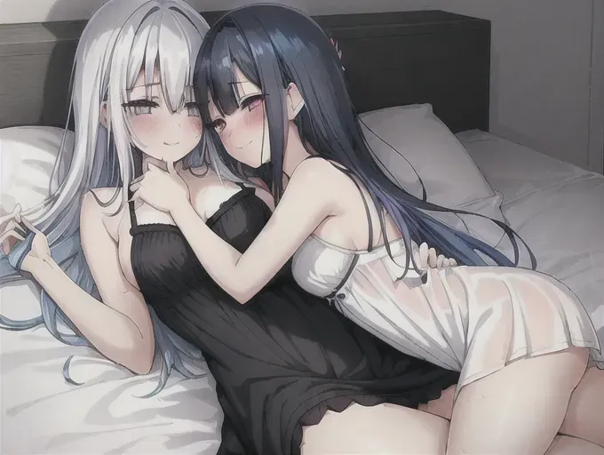 a picture of 2 girl is making out, dark blue haired girl is fucking white haired girl with fingers, they wearing sexy sleep dress, white haired girl is blushing moaning, dark blue haired cool girl is smiling, white hair girl wet pussy open legs, hentai, sex, yuri