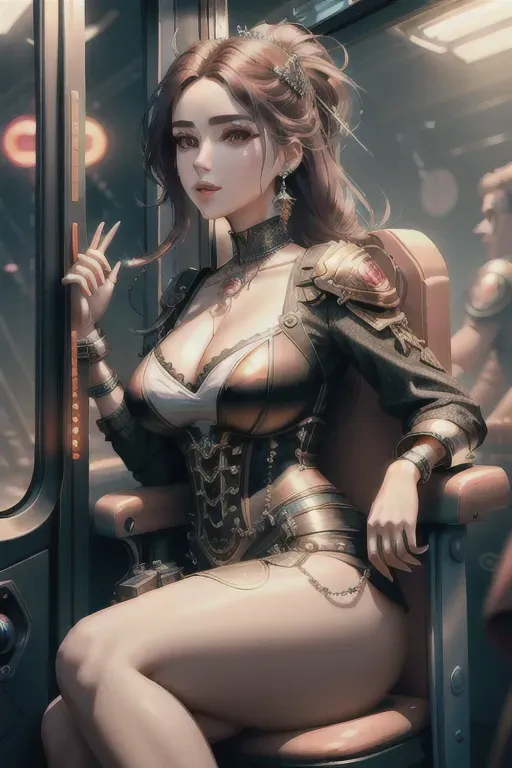 a illustration of,a crazy girl,<lora:dpmg_fantasy_armor:1>,sitting in a chair,in the train car, amazing breasts,five slender fingers,fishtail hair,beautiful face,beautiful lips,curved eyebrows,smooth skin,joyful,wearing necklace,cinematic lighting,bokeh,artstation,sharp focus,8k