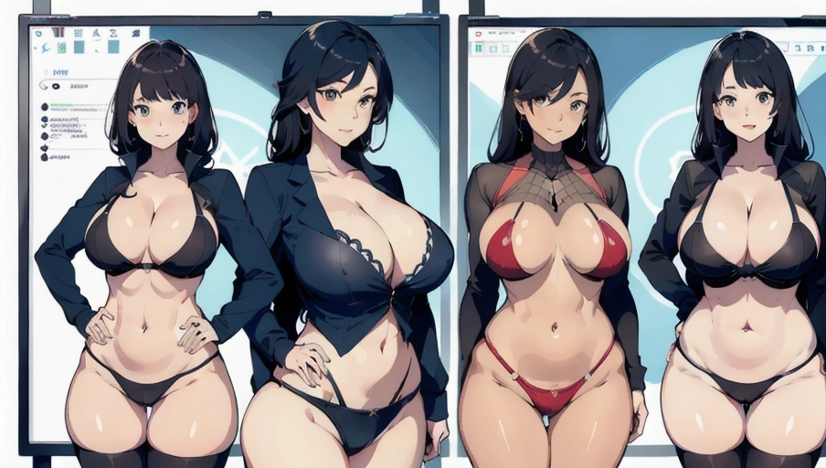 the same woman pictured 4 times in different frames, screen is divided picturing the same woman 4 times, full body image, bbwfication,