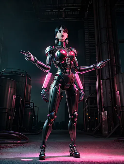 Transhuman woman pleading for love despite what she has become, deconstructed, biomechanical erotic Lovecraftian body horror, half organic, half machine, medium full shot, whole body in picture, Dramatic lighting, seductive pose, backdrop is post-industrial hellscape