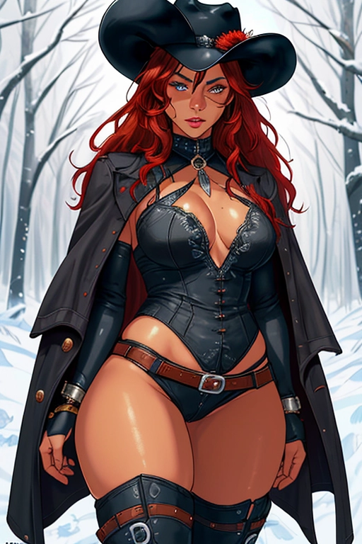 Old wild west, we see two people, A badass cowboy riding his badass horse, rescuing a woman, he is a US Marshall, former confederate army officer from Georgia C.S.A , black cowboy hat with white band and a feather, red hair, red beard, sharp blue eyes, gritting teeth, strong chin, a scar across his face, strong build, black cowboy outfit, long brown trench coat, black boot cut pants, two six shooter revolver pistols, one pistol is drawn, the other pistol is in the holster, two gun holsters, gun belt with bullets line in, black cowboy boots with spurs, riding in the saddle of his black horse, large mean black stallion, jeweled stirrups, in a cold winter forest, fending of a pack of wolves, saving a damsel in distre, she is a Beautiful native american woman, red skin, beautiful long dark hair, floral decorations in hair, thick eyebrows, cute happy eyes, concave nose, soft gaunt cheeks, full lush lips, narrow round chin, slim build, small breasts, thin waist, curvy ass, curvy hips, curvy thighs, cute feet, wearing animal fur tribal pelts, tribal, aroused, aroused clit, throbbing pussy, brown anus, squatting, cute, wants me, wants to fuck, in her bedding area, animal skin bedding, ((high definition)), ((4k quality)), ((excellent lighting)), ((great shading)), ((pristine detail)), ((really clear picture)), ((beautiful vibrant colors)), ((accurate at lower prompt guidence)), ((ultra realistic)), (((five fingers per hand))), (((two arms per person))), (((two legs per person))),