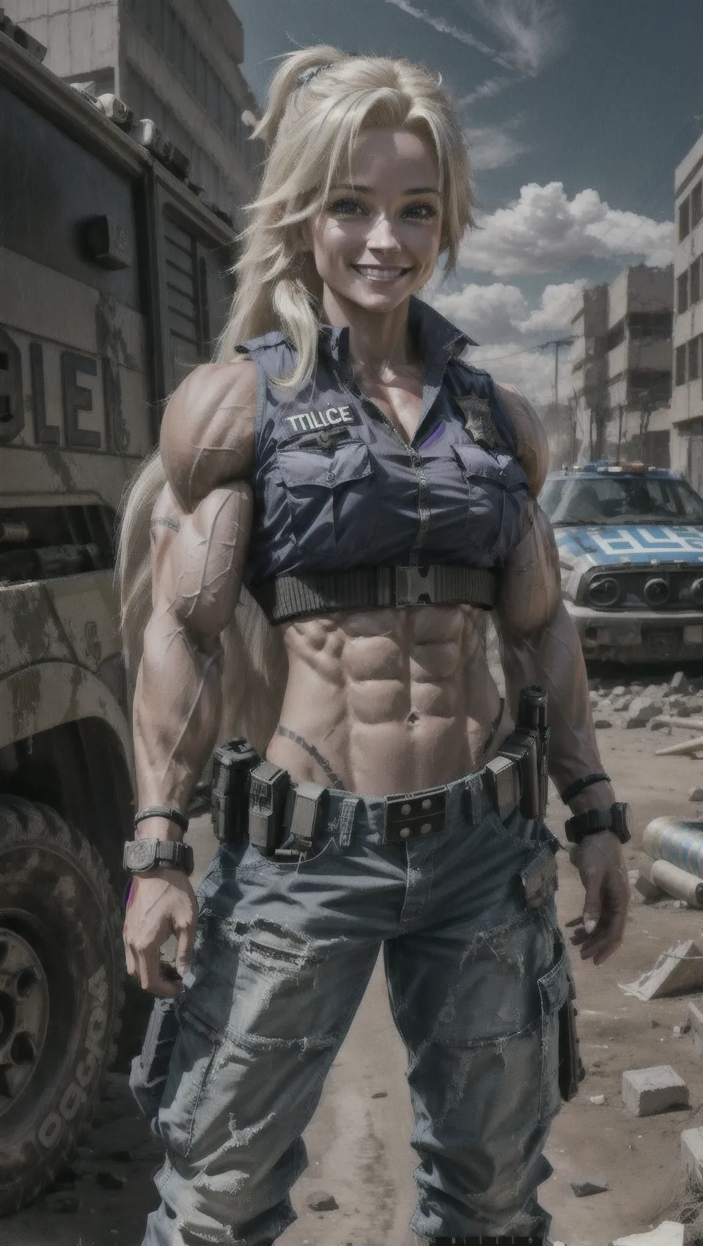8k resolution photograph of a very cute young woman smiling at the viewer. She is a tribe member. She has a large smile. She has extremely long hair. Her hair is blonde. She has very pale skin. She is wearing a SWAT officer uniform. She has a sleeveless police uniform shirt on. She is wearing dark blue cargo pants. She is wearing a bulky police jacket. She is extremely muscular. Her muscles are extremely toned. Her muscles are extremely vascular. Her muscles are massive. Her breasts are extremely large. She is standing in a ruined city. Apocalyptic tone. Apocalyptic setting. <lora:dpmg_add_detail:1> <lora:dpmg_muscle_girl:1>