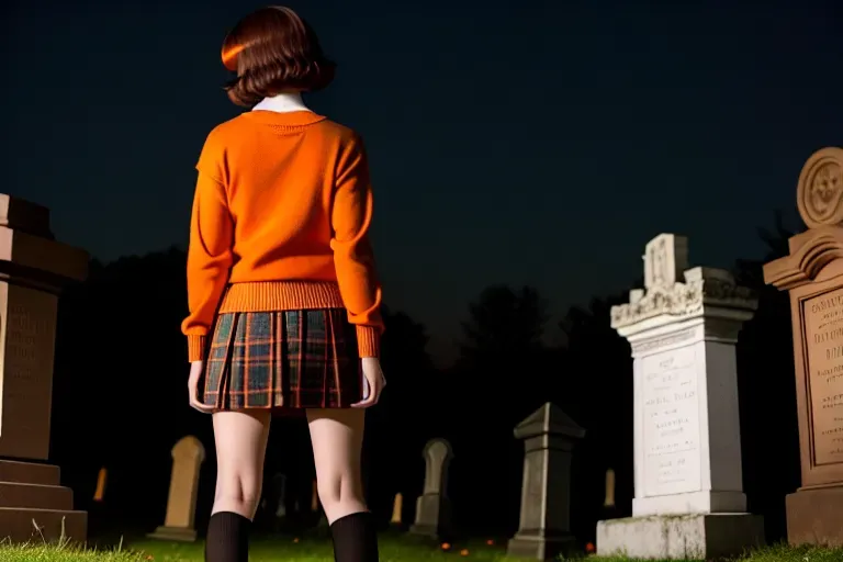Photo from behind of, velma from scooby doo, young woman, wearing an orange sweater, wearing a plaid miniskirt, wearing knee high socks, looking at away from Camara, beautiful face, beautiful eyes, small pupils, short brown hair, in dark cemetery, at night, full moon, volumetric lighting, focused, crawling on all-fours, upskirt, fingering pussy, erotic