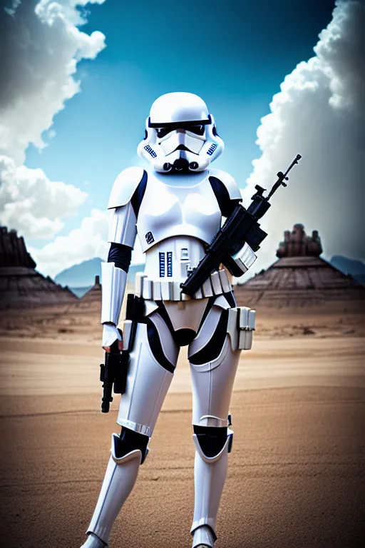 a woman storm trooper from Star Wars, wearing helmet, wearing storm trooper bikini with much skin showing, holding blaster rifle, on alien planet